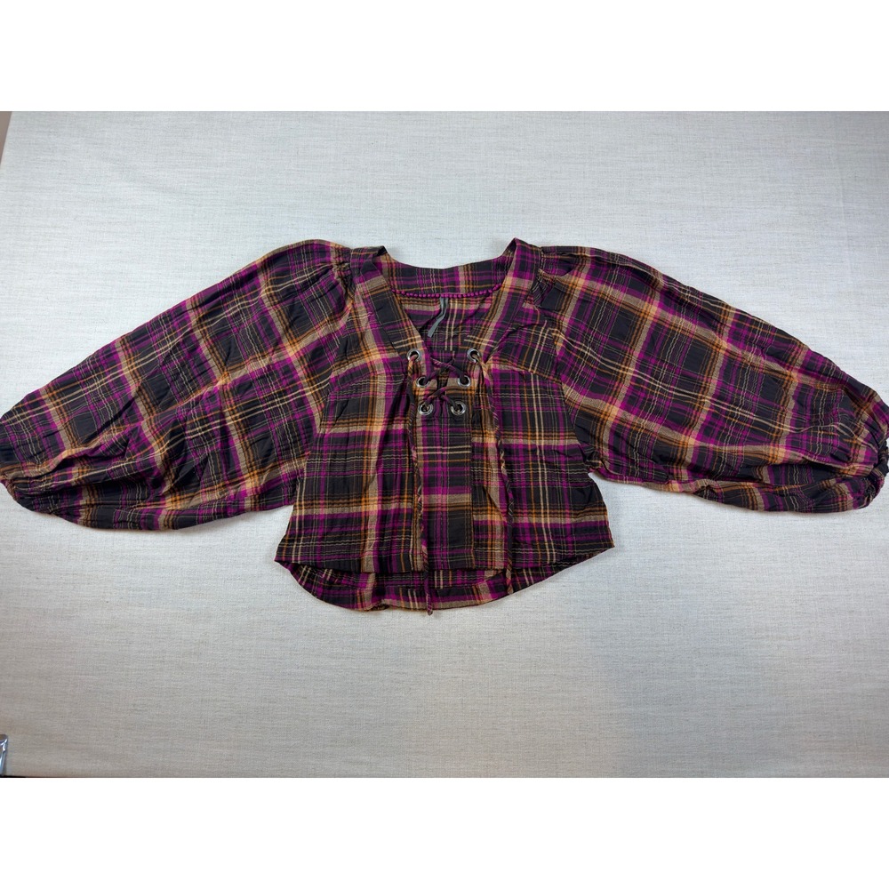 Anthropologie Plaid Lace Up Balloon Sleeve Blouse Purple Orange Small